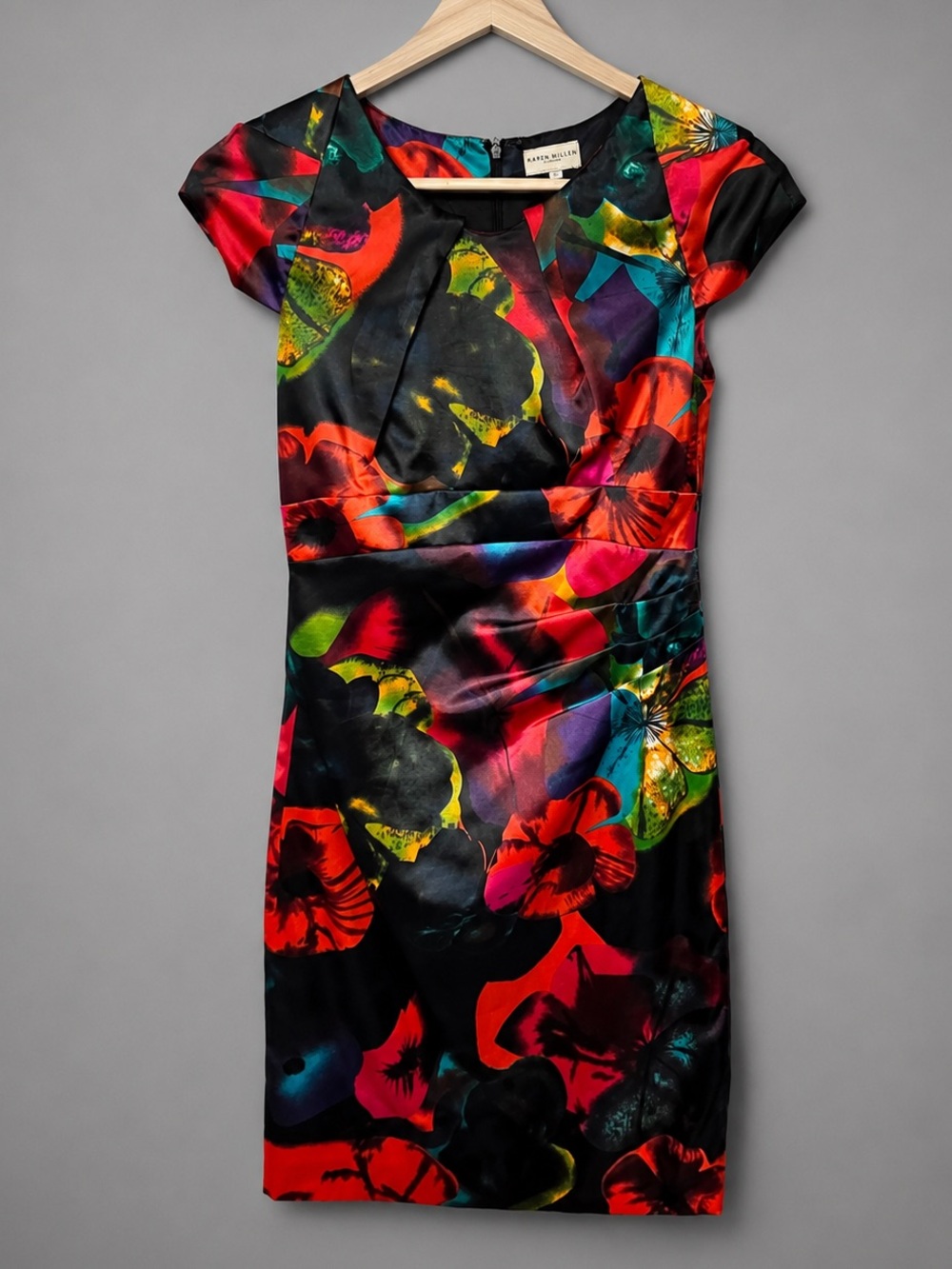 Karen Millen Abstract Floral Satin Sheath Dress Wedding Guest Occasion Size 12